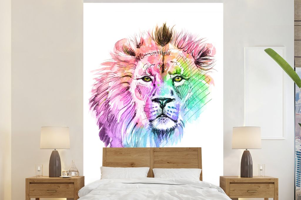 MuchoWow Fototapete für Wohnzimmer oder Schlafzimmer Wandtapete Vinyl Motivtapete Löwe - Farben - Illustration - 145x220 cm - Wanddekoration
