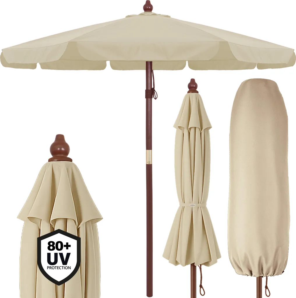 Parasol d'Extérieur pour Grande Table Jardin en Bois Beige Rond 330cm