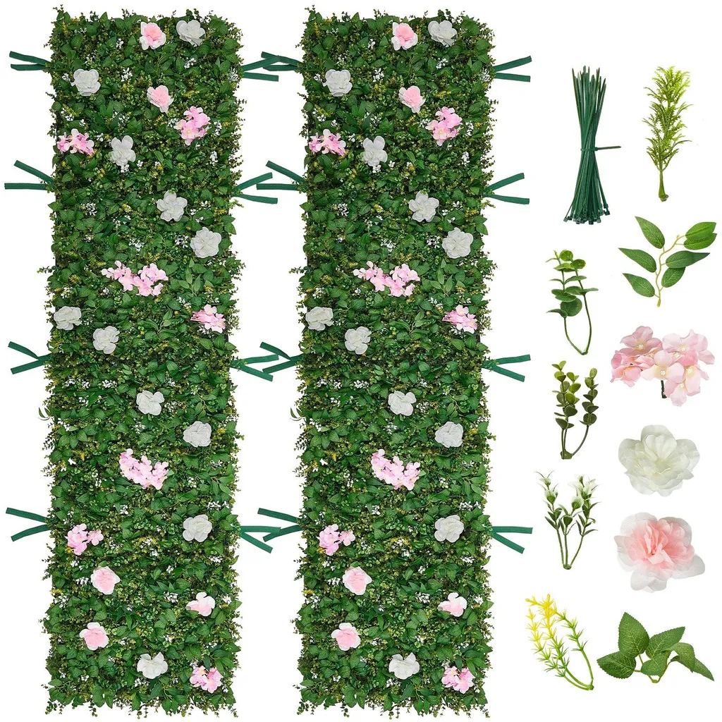 Haie artificielle brise-vue 2.4m x 61cm en PE avec fleurs de soie 2 pcs