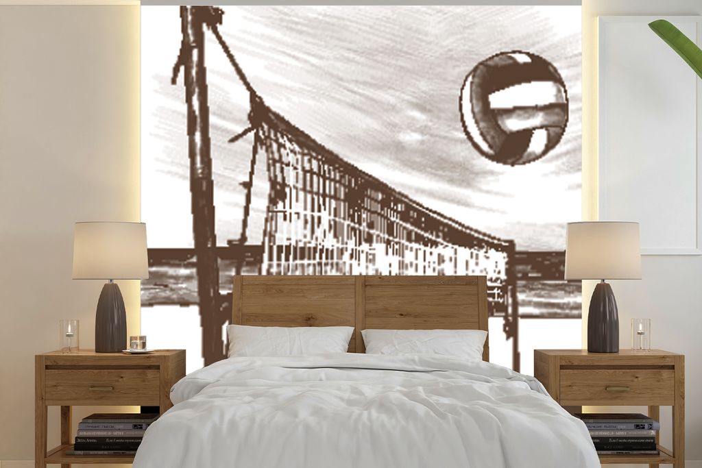 MuchoWow Fototapete für Wohnzimmer oder Schlafzimmer Wandtapete Vinyl Motivtapete Strand - Volleyball - Netz - 280x280 cm - Hintergrundbild