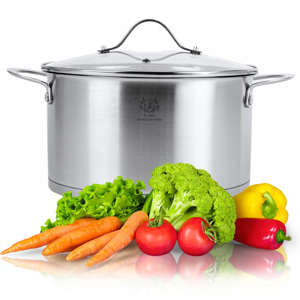A stainless steel pot with a glass lid, surrounded by fresh vegetables like carrots, lettuce, broccoli, tomatoes, and bell peppers.