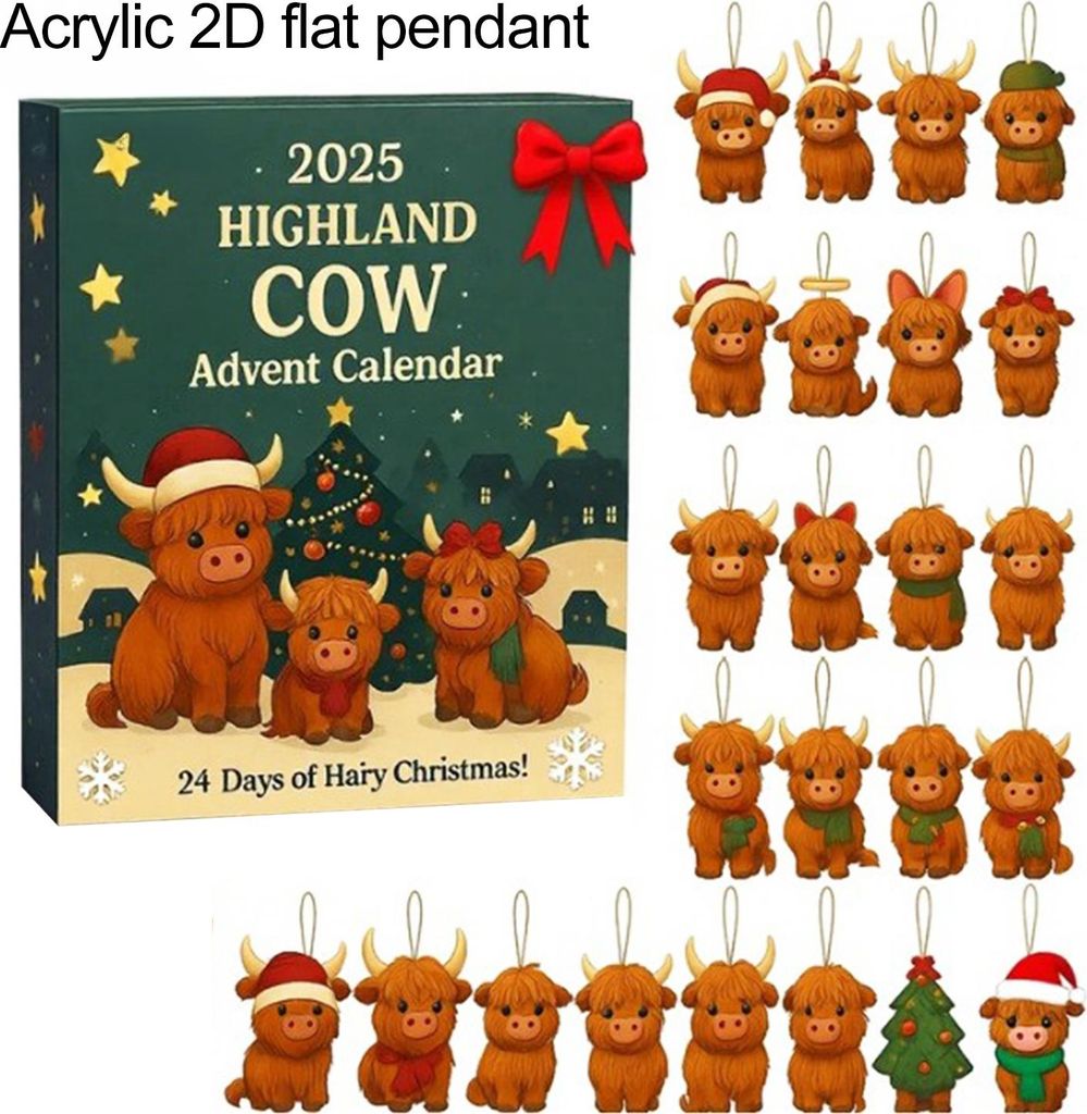 Adventskalender mit Hochlandrindern 2025: Niedliche Hochlandrinder-Anhänger, 24-tägiger Countdown bis Weihnachten, Überraschungsgeschenke für d...