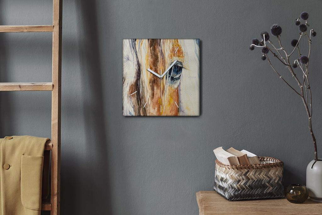 Coloray Hodiny Unikátní 30x30 cm Tiché hodiny Pro obývací pokoj a kuchyň Nástěnné hodiny Plátno Bílé ručičky hodin - Zvířecí kůň
