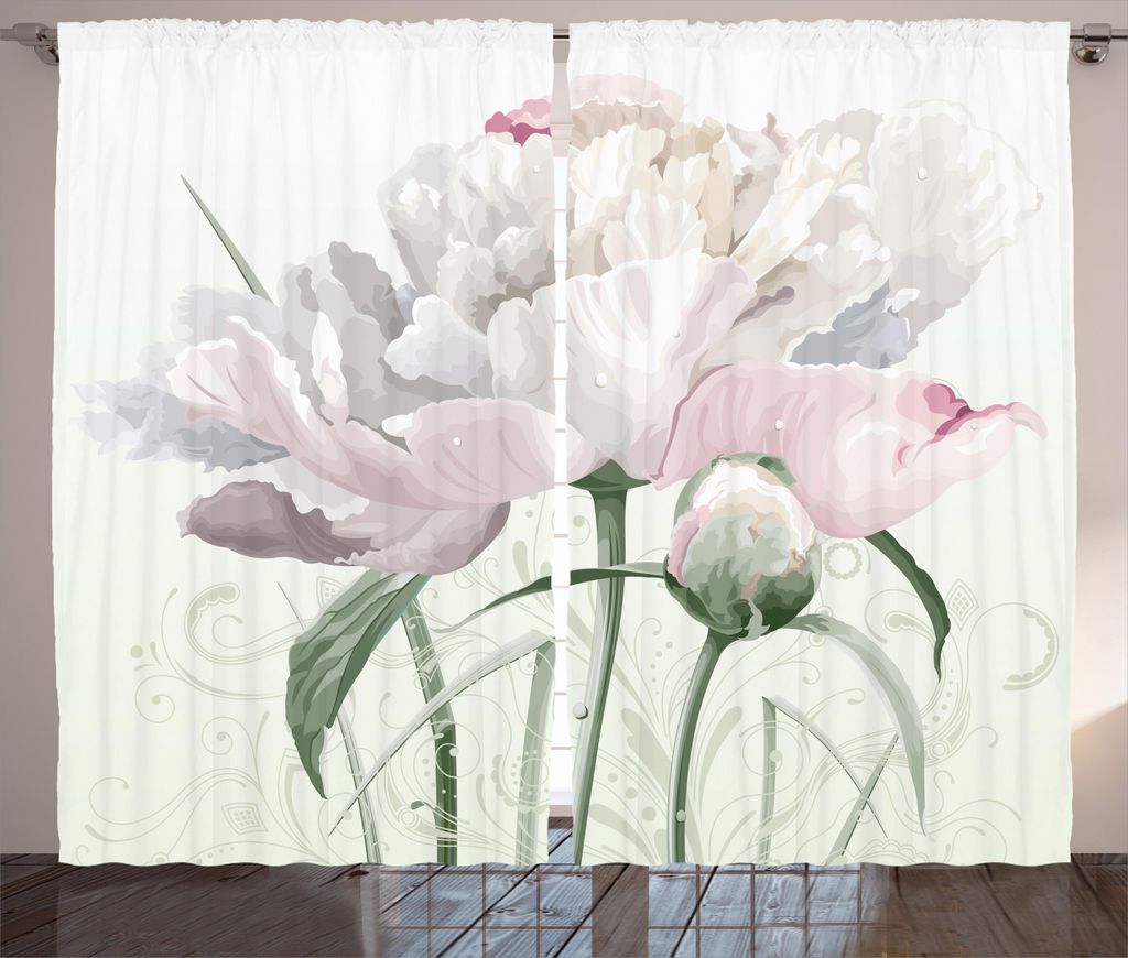 ABAKUHAUS Blume Rustikaler Vorhang, Rosa Rose Tulip Zusammenfassung, Wohnzimmer Universalband Gardinen mit Schlaufen und Haken, 280 x 245 cm, Weiß