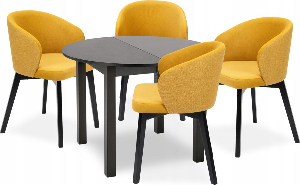 Esstisch mit 4 Stühlen - Runder Ausziehbarer Tisch - 102-142 cm Durchmesser - Aus Holz - 5-teiliges Set - Essgruppe - Sitzgruppe - Gelbe Stühle