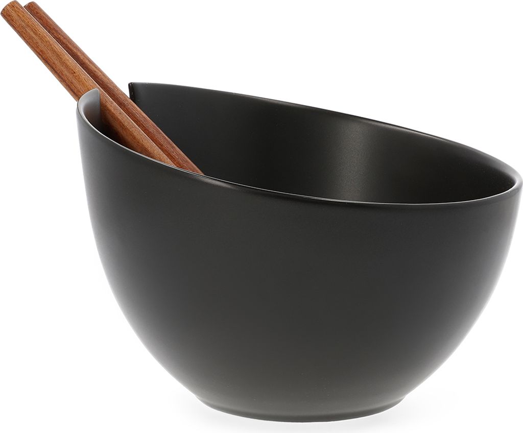 Rührschüssel Salatschüssel Schüssel Schale Mooka Keramik Salatschüssel mit Zubehör Schale Glänzender Farbton Schwarz 24 cm HOMLA