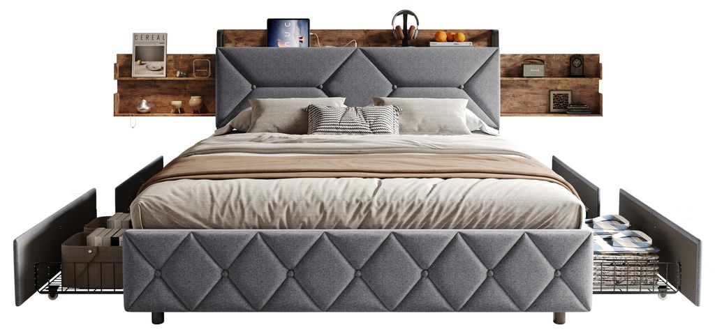 Stauraumbett - Doppelbett 160×200 cm - 4 Schubladen - LED-Beleuchtung & USB - Gepolstertes Kopfteil mit Ablage - Holzrahmen mit Stoffbezug