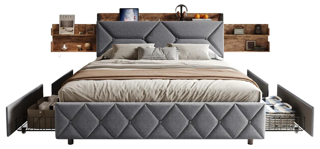 Lit double 160x200 cm avec 4 tiroirs, LED et port USB en tissu gris Anthos