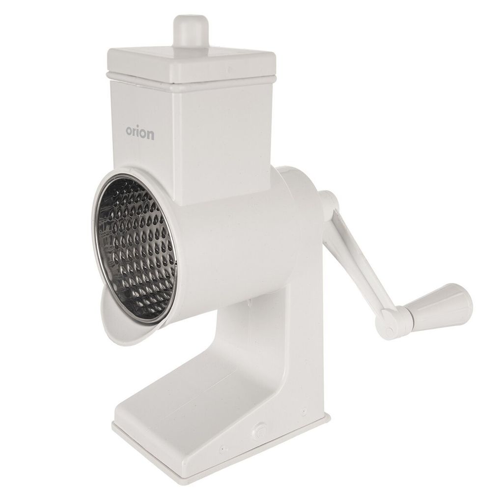 A white rotary grater with a silver drum is shown against a white background.