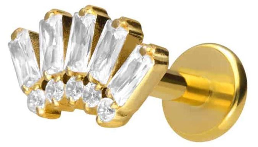Ohrpiercing, Nasenpiercing Titan Labret mit Push Fit 10 EINGEFASSTE KRISTALLE Gold Stablänge: 6mm | Stabstärke: 1,2mm