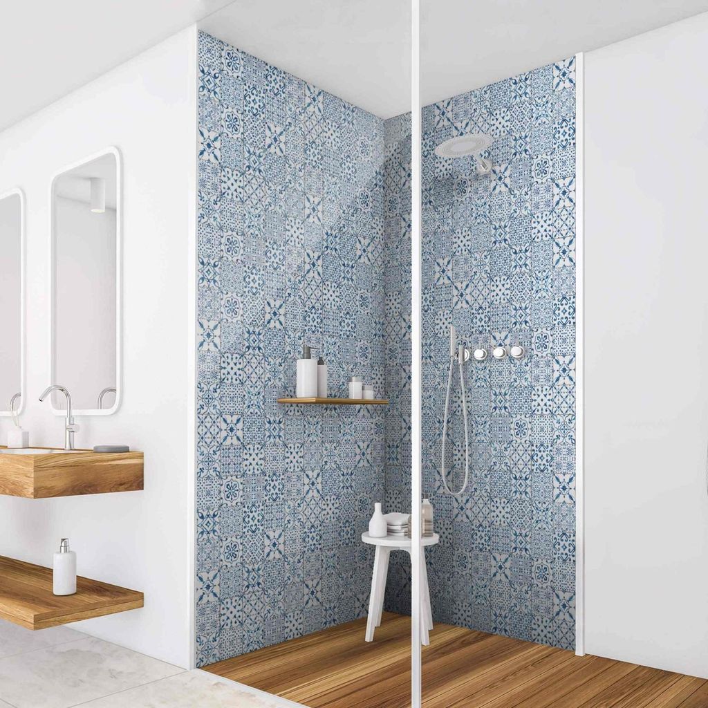 Duschrückwand Muster selbstklebend - 0.35 mm Wandpaneel wasserfest Design blau Fliesenoptik Illustration Badrückwand fugenlos Smart matt 110x210 cm