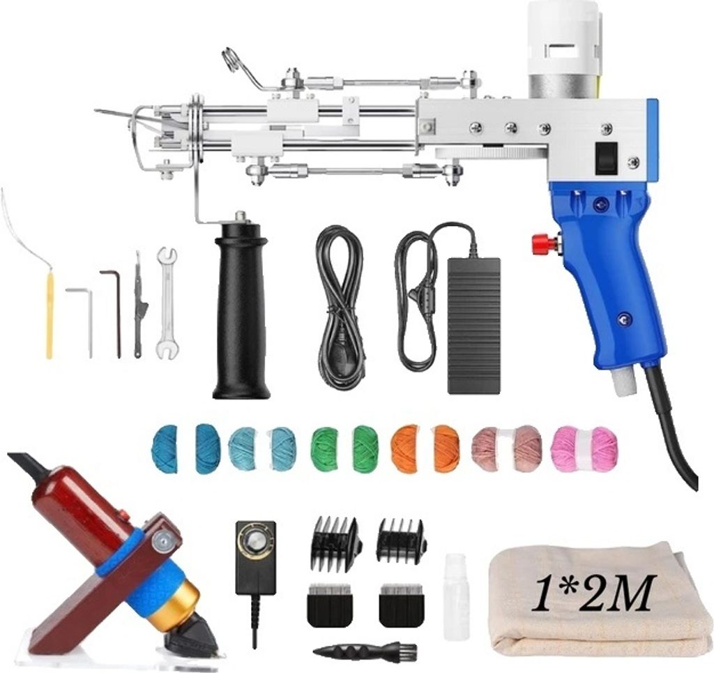 A collection of tufting gun kit components and accessories laid out on a white background.