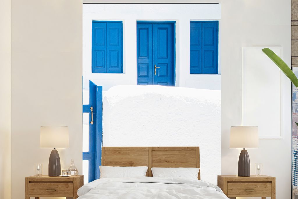 MuchoWow Fototapete für Wohnzimmer oder Schlafzimmer Wandtapete Vinyl Motivtapete Architektur - Zaun - Weiß - Blau - Türen - 145x220 cm - Wand...