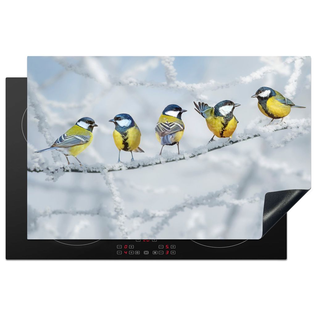 KitchenYeah Herdabdeckplatte Vogel - Kohlmeise - Winter - Schnee - Zweige , 80x52cm, Küche Deko, Glaskeramikkochfeld Herdabdeckung, Abdeckplatte...