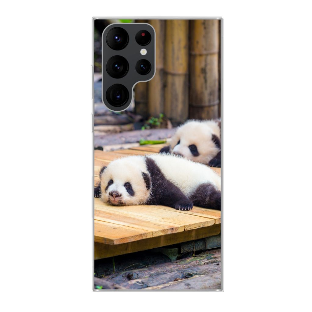 MuchoWow Handyhülle Schutzhülle Hülle für Samsung Galaxy S22 Ultra Pandas - Boden - Holz Silikon Softcase Handy Hülle - Abbildung
