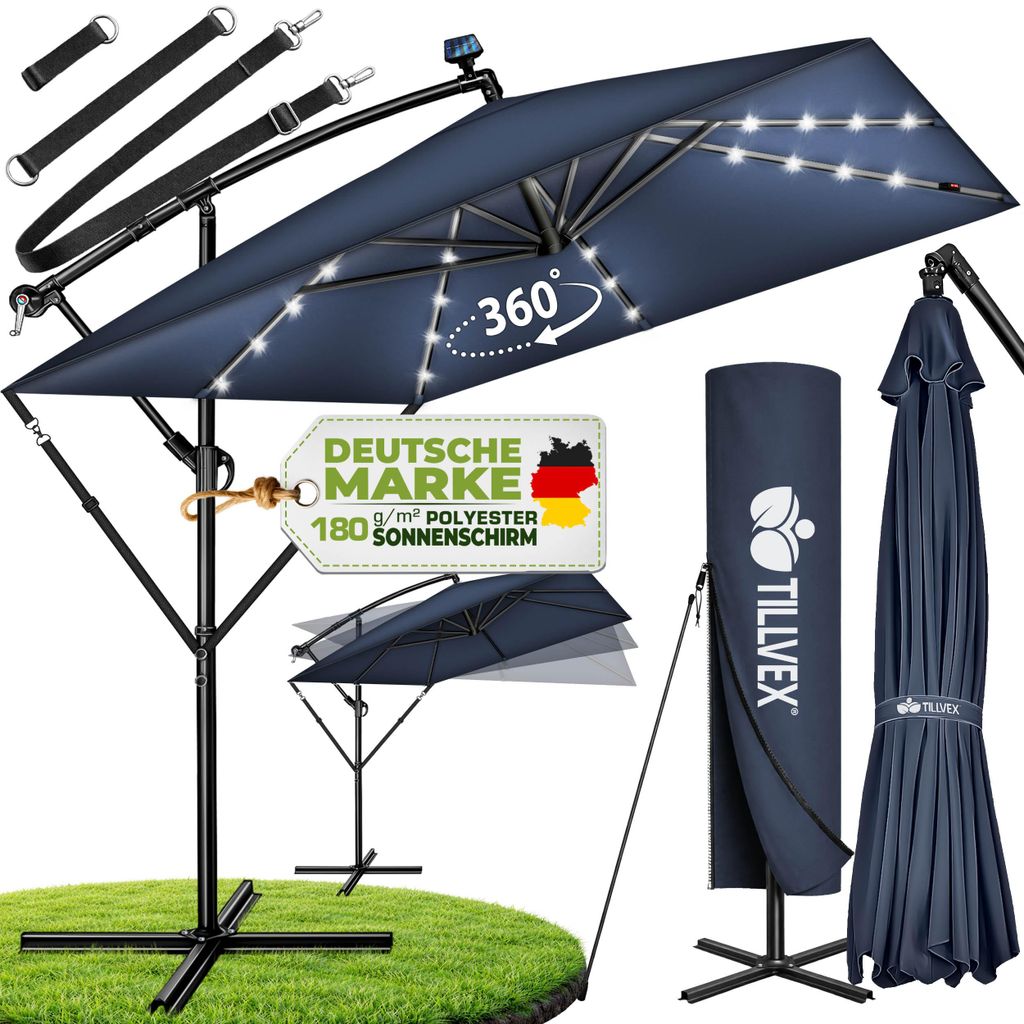 tillvex Alu Sonnenschirm Rechteckig Ø 330 cm mit LED Solar Navy-Blau + Abdeckung mit Kurbel | Ampelschirm mit Ständer & Windschutz | Gartenschi...