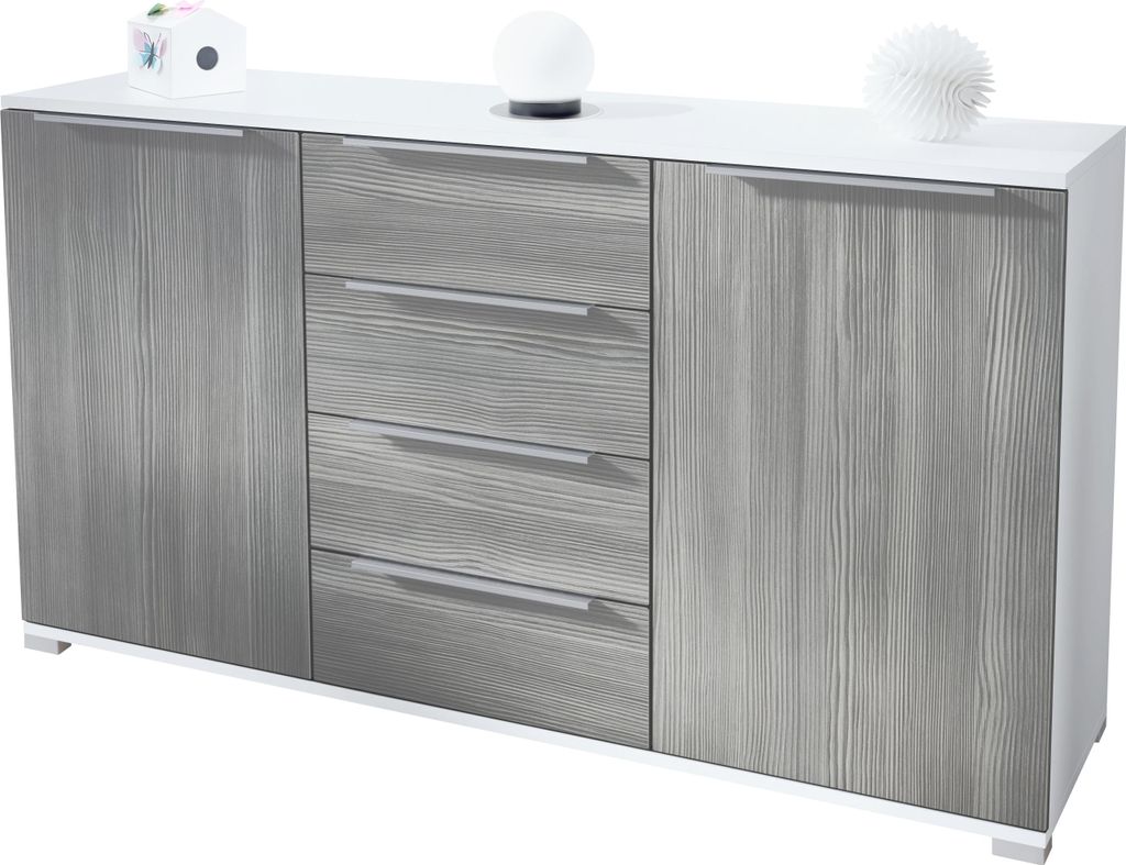Vladon Sideboard Linio V1, Anrichte mit 2 Türen und 4 Schubladen, Weiß matt / Avola-Anthrazit (138,5 x 75,5 x 35 cm)