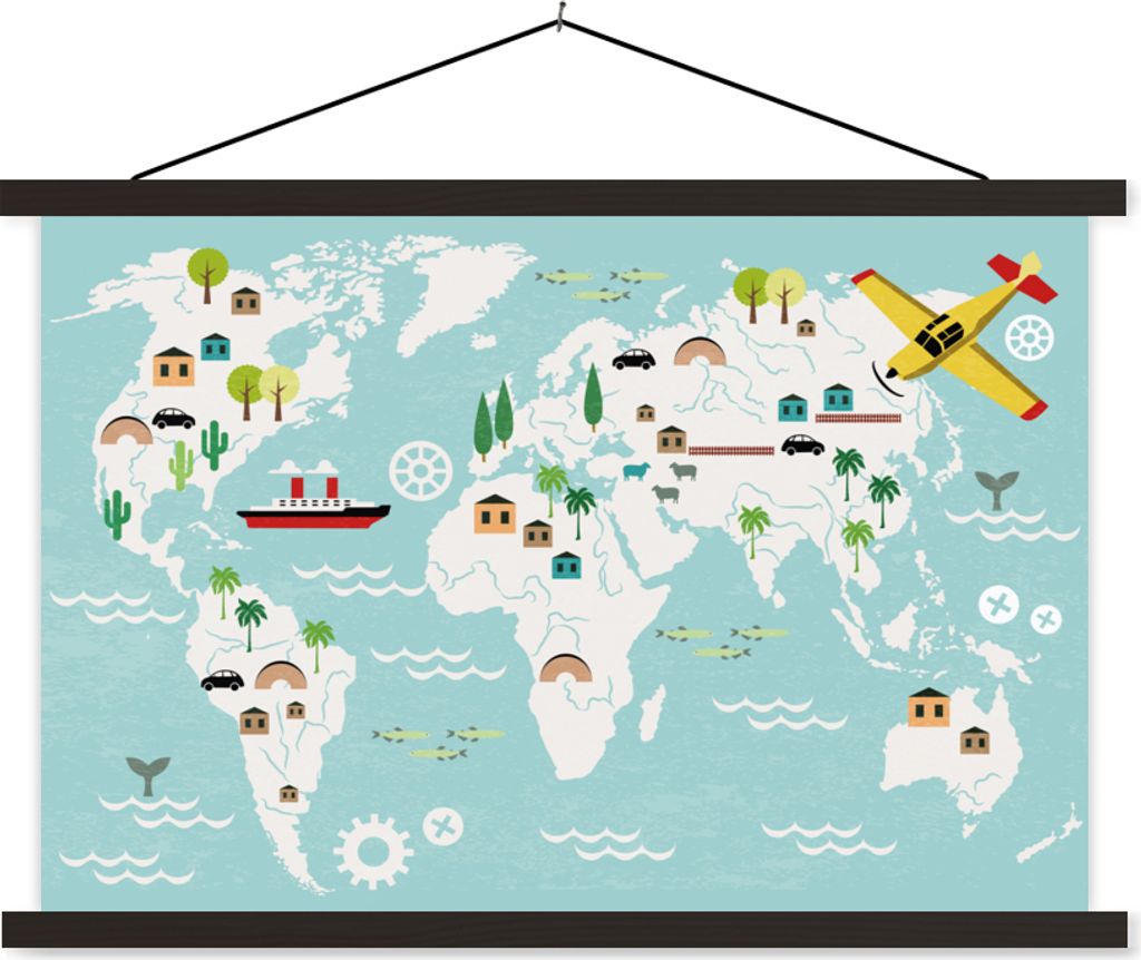 MuchoWow Textilposter Weltkarte - Kinder - Flugzeug - Boot - Jungen - Mädchen 60x40 cm mit schwarzem Rahmen - Hölzernes