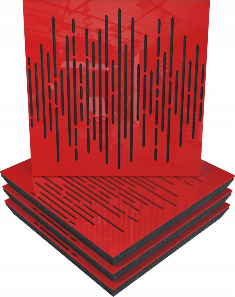 4 Stück AKUSTIK-WANDPANEELE mit Montageset | "WAVE" 50x50x5cm | Absorption und Diffusion | Farbe: Rot glänzender Kunststoff