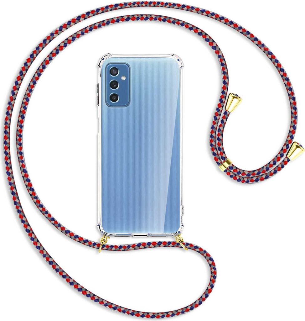 Handykette Backcover-Schutzhülle mit Band (Metall goldfarben) für Samsung Galaxy M52 5G (M526) - silber/blau/rot