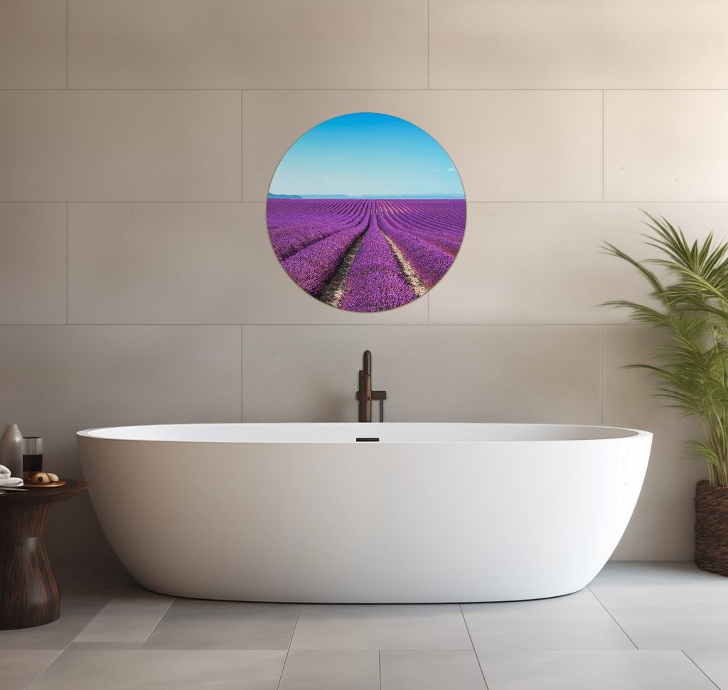 Wallario wasserfestes Poster selbstklebend 60 x 60 cm, Lavendelfeld unter blauem Himmel, Badezimmerposter Spritzschutz mit Hochglanzoberfläche in ...