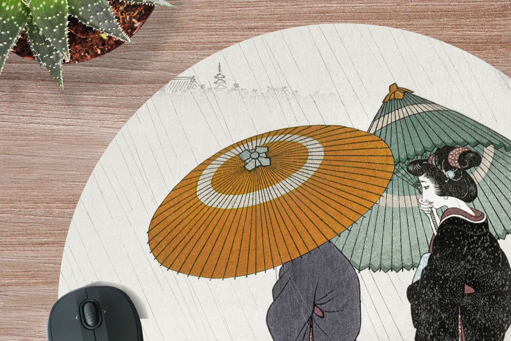 MuchoWow Mauspad Mousepad Frauen - Sonnenschirm - Kimono - Japandi - Vintage 50x50 cm - Mousepads - Maus Mat - Pad - Mausunterlage - Vinyl