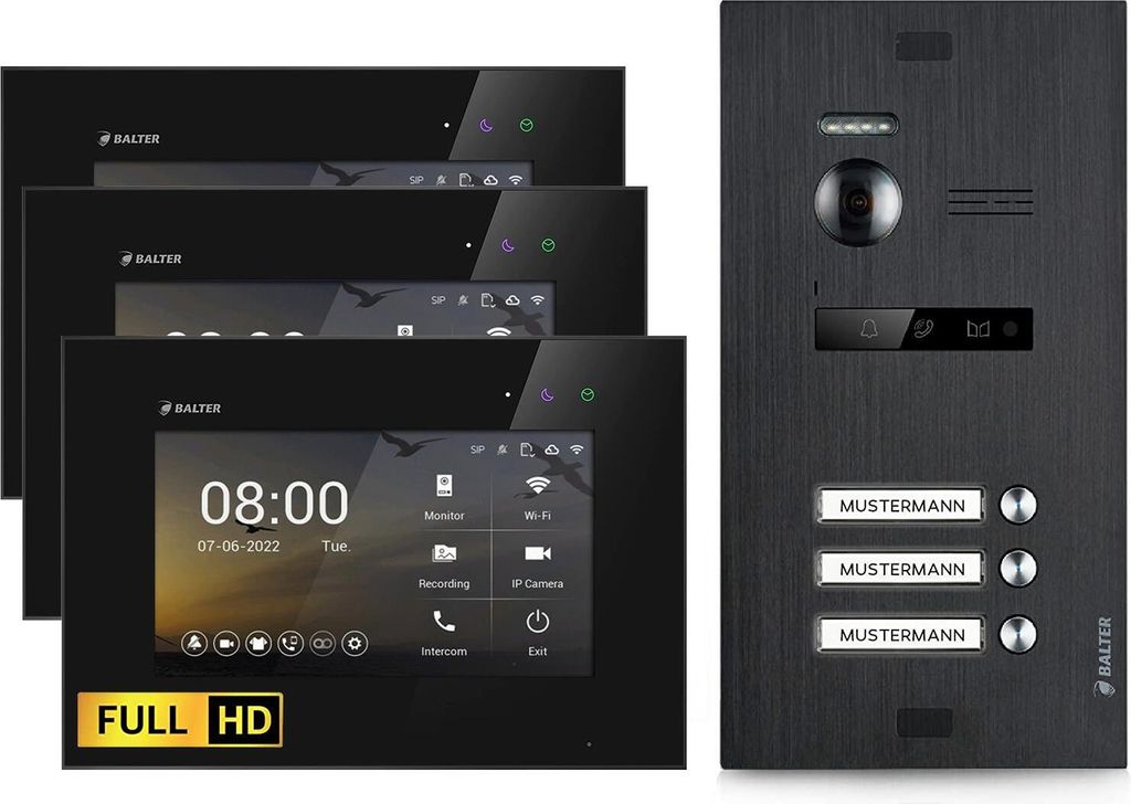 HD Video Türsprechanlage für 3 Familienhaus, 3x Monitor, Balter EVO HD Schwarz