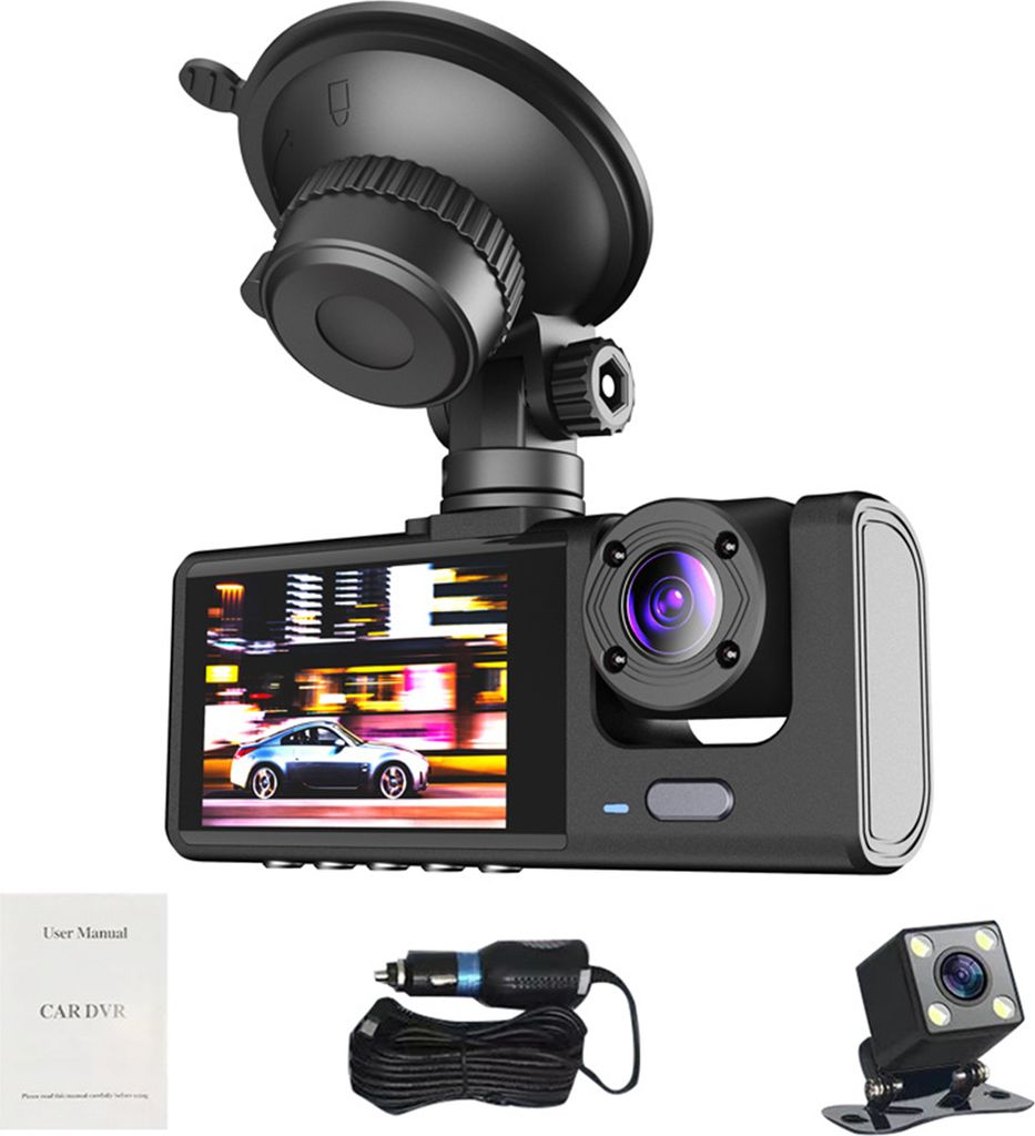 1 Set Auto-Videorecorder, 3 Linsen, Nachtsicht, mit Stromkabel, 150 mAh, USB 2.0, DVR, ABS, Auto-Dashcam, vorne und hinten, Videorecorder, Autozube...