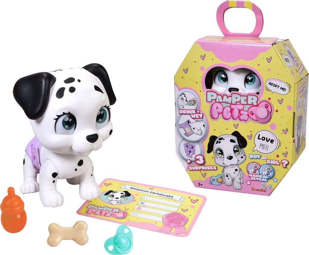 A toy Dalmatian puppy and its packaging with accessories, laid out on a white background.