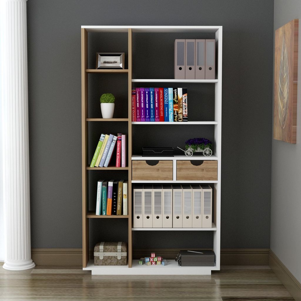 Skye Decor, Luma- Luma ARN, Weiß,,Nussbaumfarbe, Bücherregale, 188,6x80,4x25 cm, 100% Melaminbeschichtete Partikelplatte