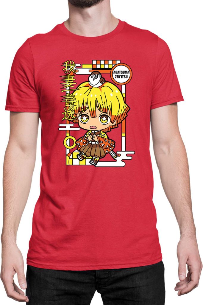 Herren T-Shirt Demon Anime Slayer Kimetsu No Yaiba Chibi Zenitsu Agatsuma, Man L / Rot