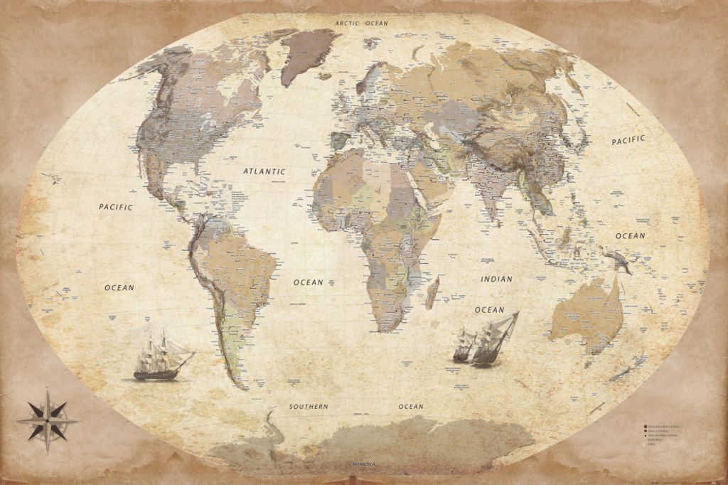 Karten Kunstdruck Bild - Weltkarte, Old Style, In Englisch (80 x 120 cm)