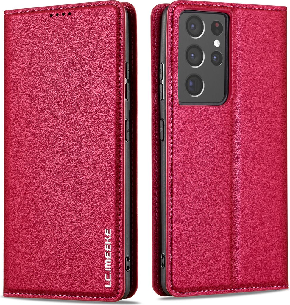 Handyhülle für Samsung Galaxy S21 Ultra 5G, Magnetische Flip Leder Hülle mit Kartenfach und Standfunktion Rot