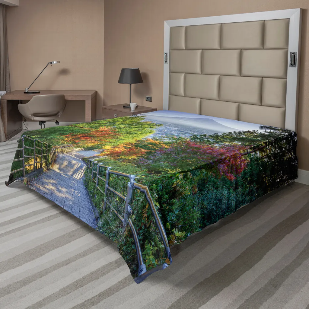 Drap Plat Décoratif pour Chambre Zen, Motif Japonais Vert Gris 205cm