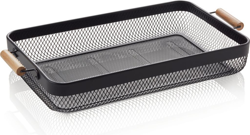 Tablett Korb Metall schwarz pulverbeschichtet mit Holzgriffen