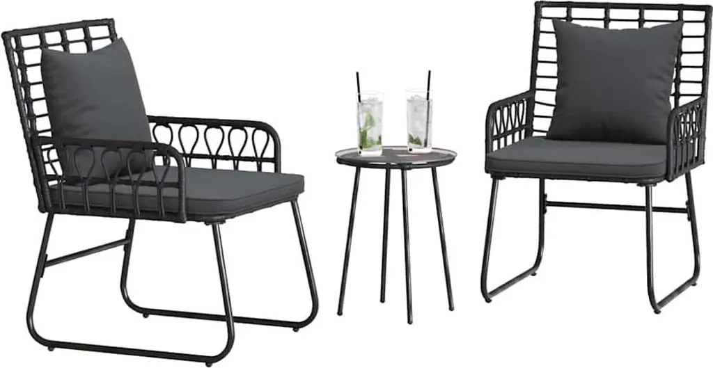 Ensemble bistrot de jardin 3 pièces en polyrotin noir avec coussins