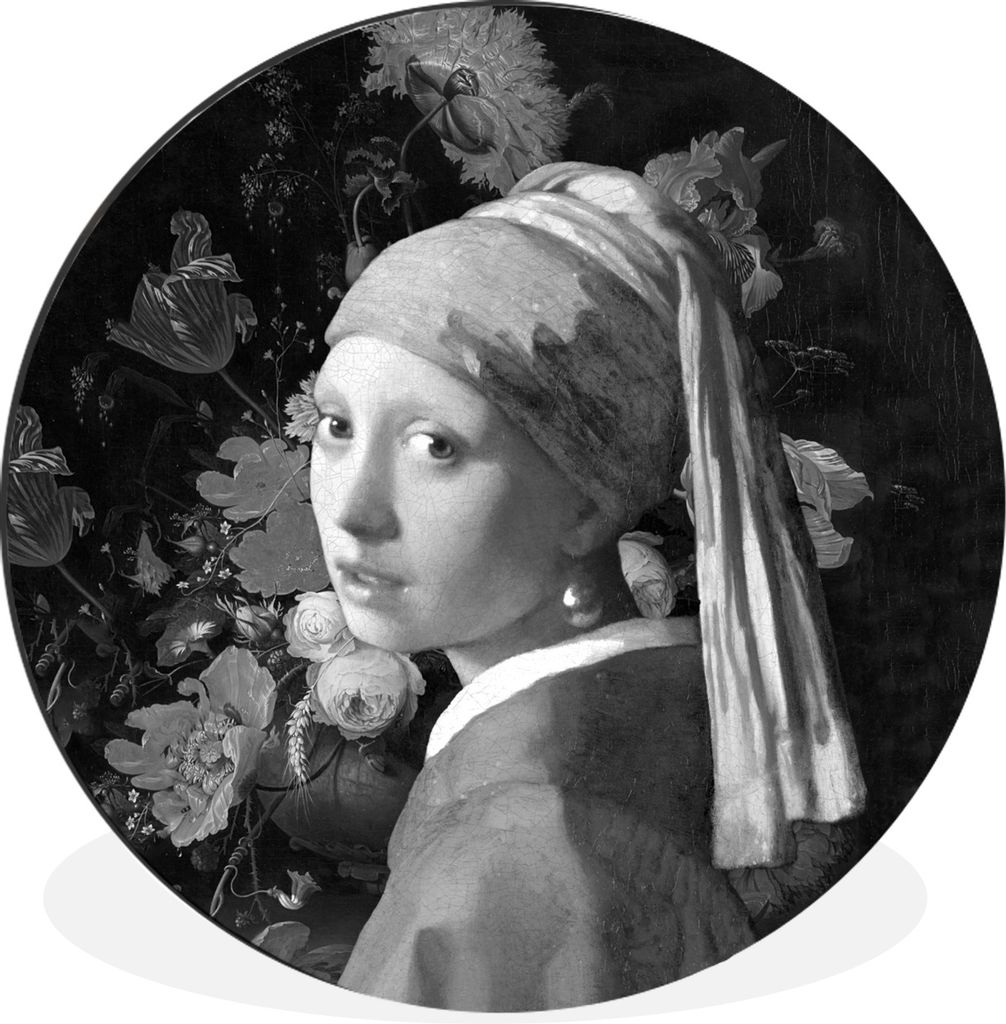 MuchoWow Aluminium Wandkreis Das Mädchen mit dem Perlenohrring - Johannes Vermeer - Schwarz und weiß Ø 90 cm Wanddeko Modern Wohnzimmer - Maue...