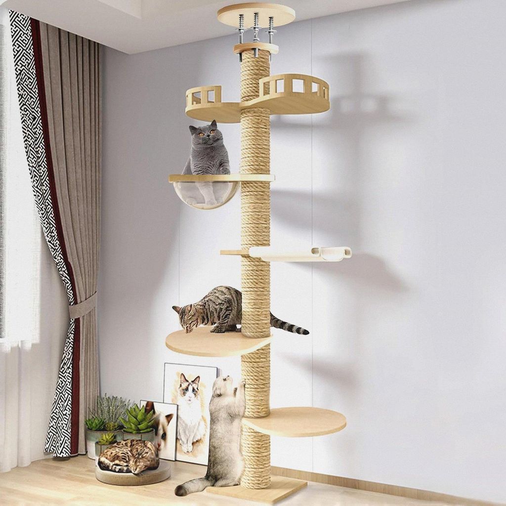 Kratzbaum, Deckenspanner Kratzbaum für große Katzen, Höhenverstellbarer XXL Katzenturm mit 6 Ebenen, Stabiler Kratzbaum aus Massivholz & Hanfsei...