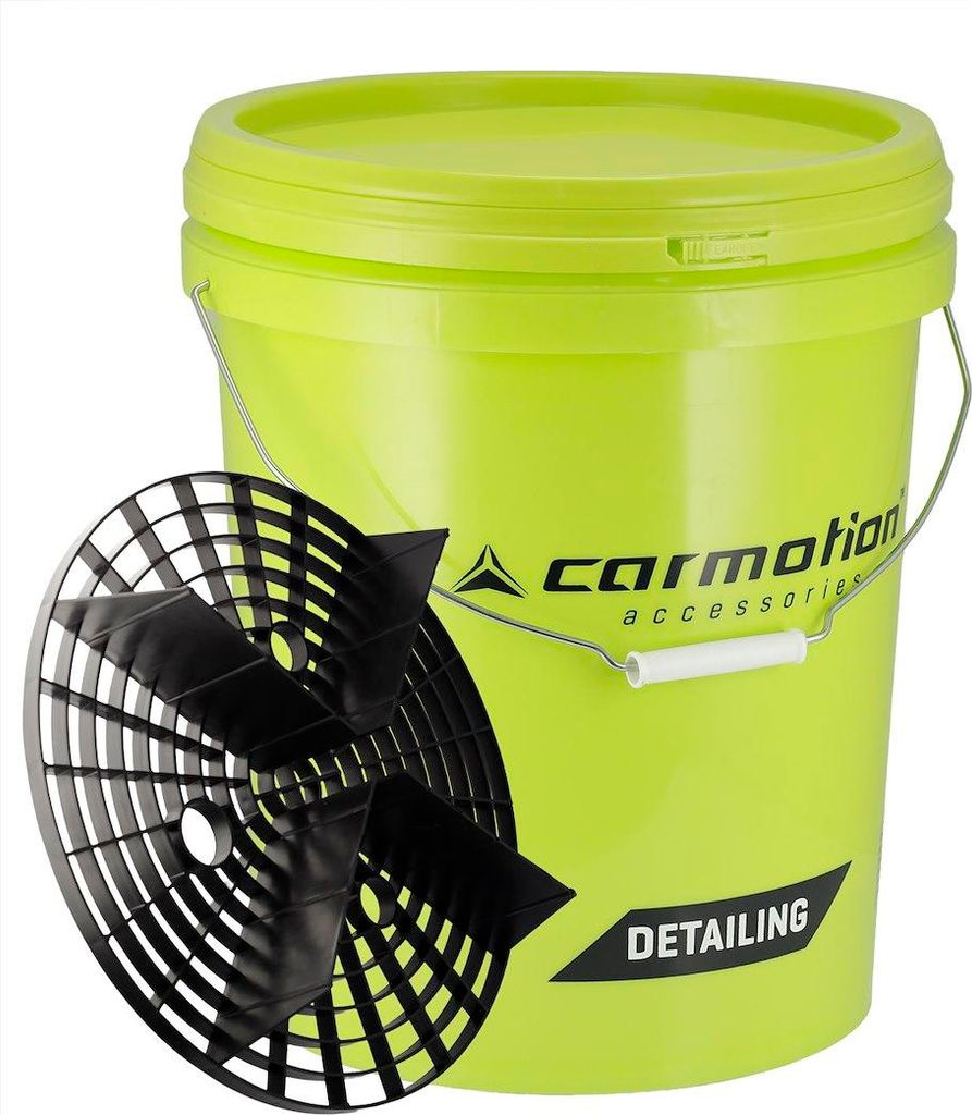 A lime green bucket with a black grit guard next to it, on a white background.