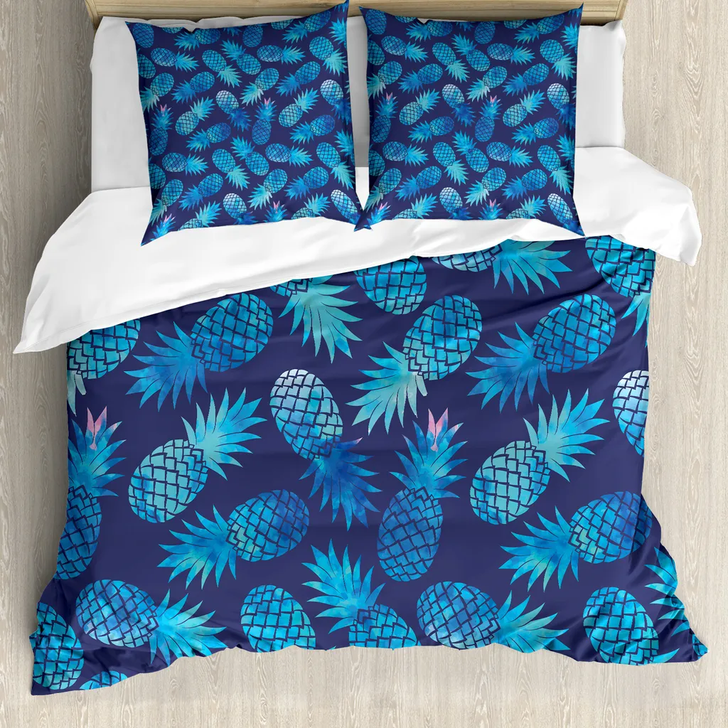 Set Letto 200x200 ABAKUHAUS Ananas Blu - Design Esotico Ipoallergenico