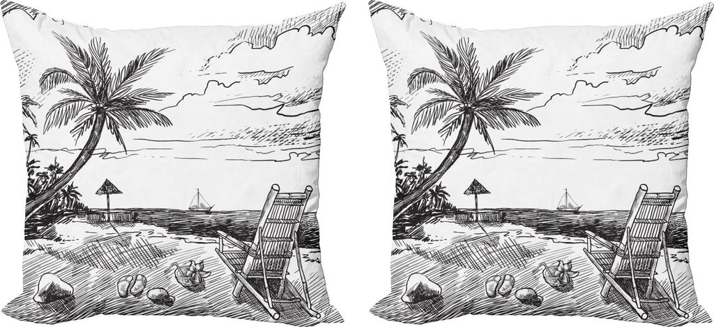 ABAKUHAUS Sommer Kissenbezug Set (2Stück), Strand-Skizze mit Palm Stuhl Coconut Yacht Tropical Holiday Travel Panorama, 45 x 45 cm, Schwarz und weiß