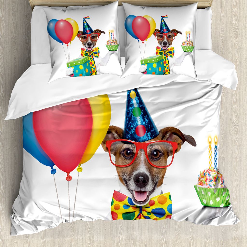 ABAKUHAUS Geburtstagsfeier Bettbezug, Geburtstags-Hund-Kuchen, Milbensicher Allergiker geeignet mit Kissenbezügen, 200 cm x 200 cm - 80 x 80 cm, M...