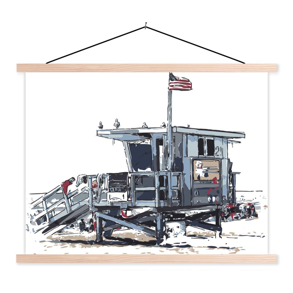 Textilposter - Illustration des Gebäudes des Rettungsschwimmers in Santa Monica bei Los Angeles - 40x30 cm - mit holzfarbenen Rahmen