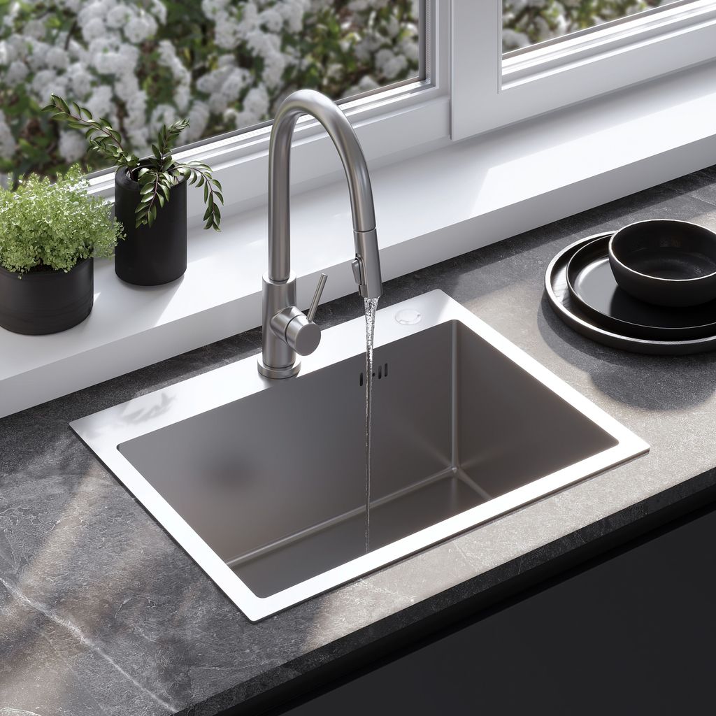 A modern kitchen sink and faucet setup with plants and dishes nearby, set against a window with a view of white flowers.