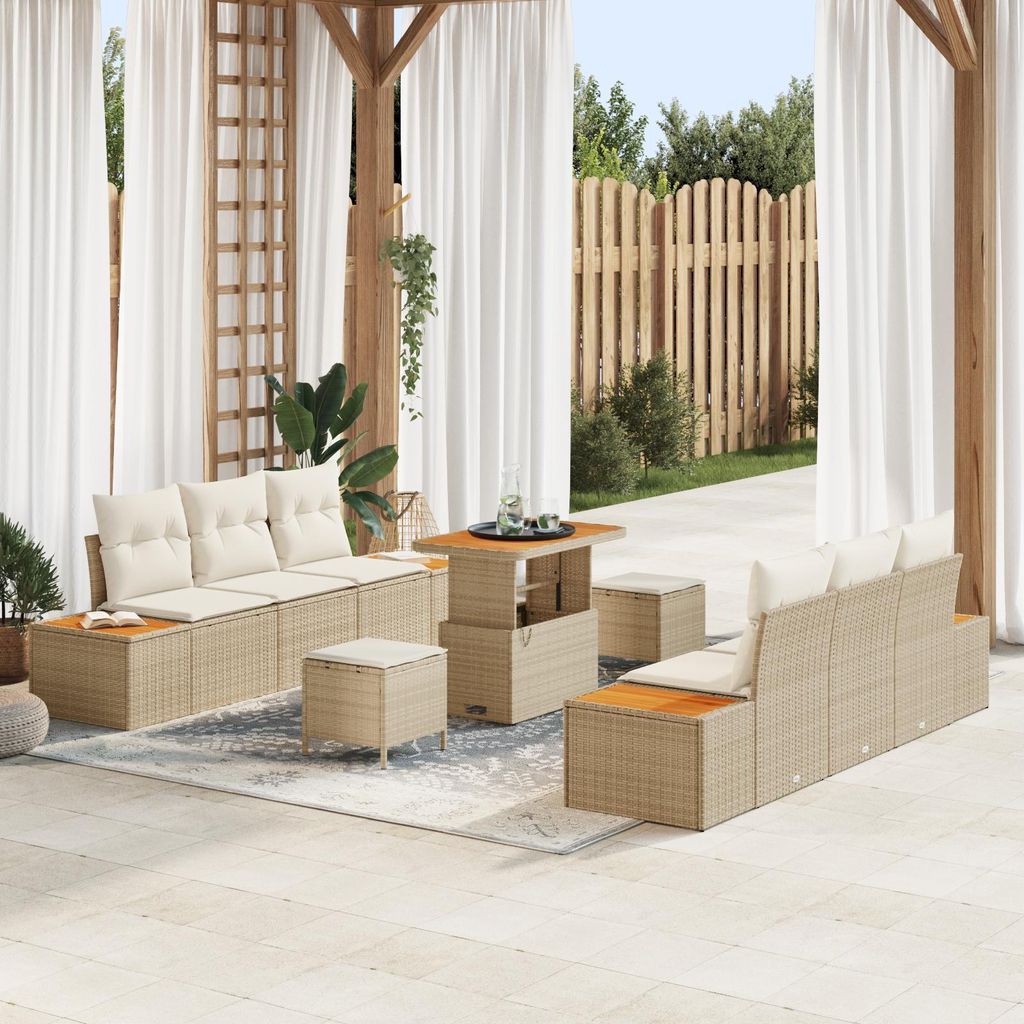 9-teiliges Garten-Sofaset mit Kissen Beige Poly-Rattan Akazie, Design Gartensofas Neu