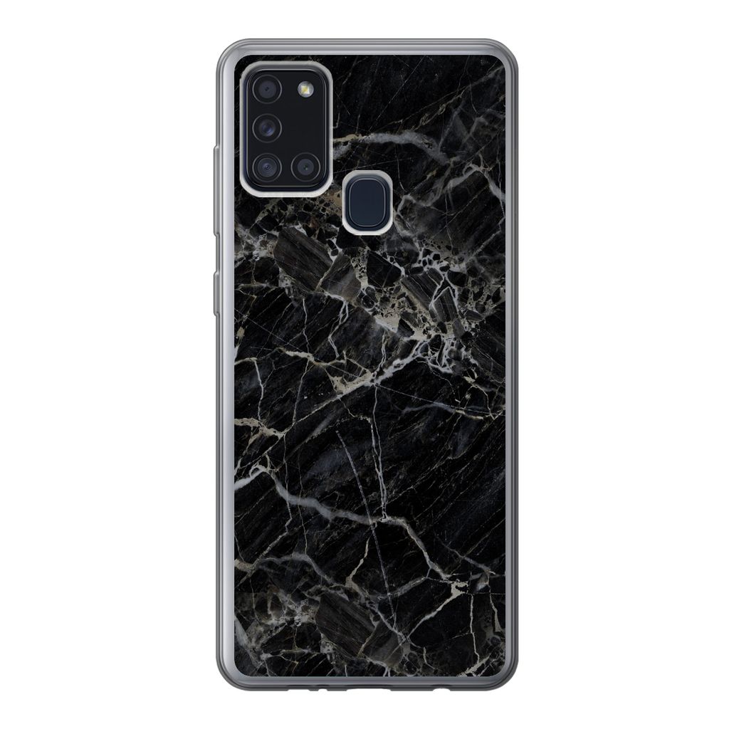 MuchoWow Handyhülle Schutzhülle Hülle für Samsung Galaxy A21s Marmor - Schwarz - Weiß Silikon Softcase Handy Hülle - Hartschale