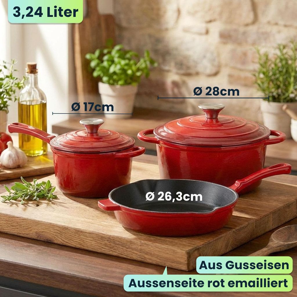 Profi Gusseisen Topfset 3-teilig, Set aus Pfanne, Kochtopf