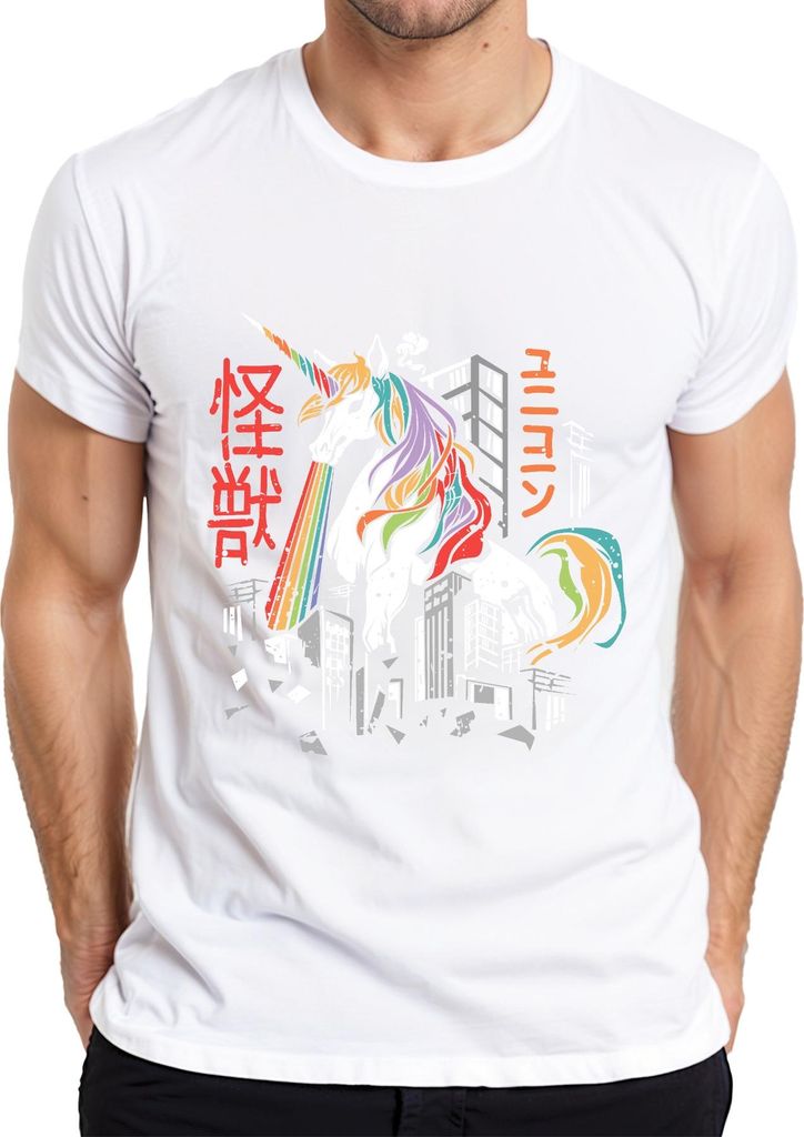 Einhorn Regenbogen Kaiju Monster Stadt Zerstörung ユニコーン 怪獣 Retro Herren T-Shirt, Weiß, S