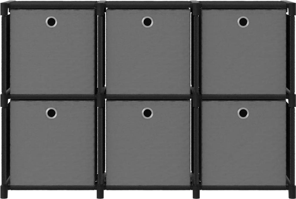 A product image of a modular cube storage unit with six gray fabric bins.