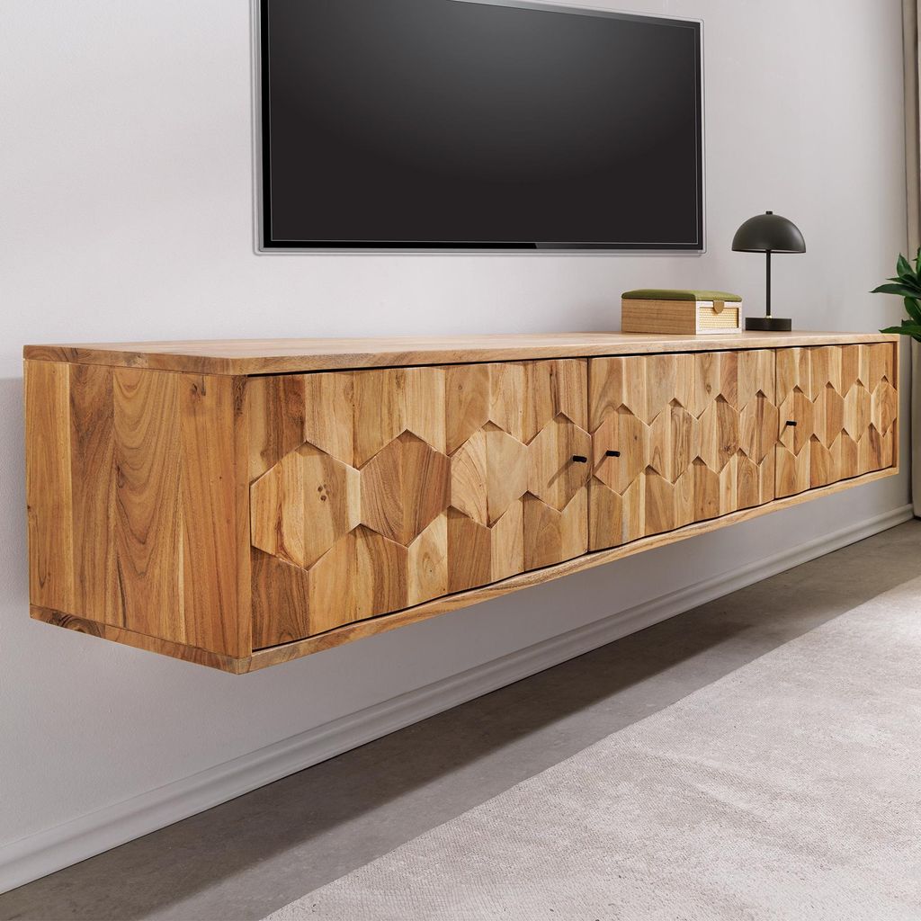 riess-ambiente Hängendes TV-Board MYSTIC LIVING 160cm Akazie natur braun 3D Mosaik Oberfläche Massivholz